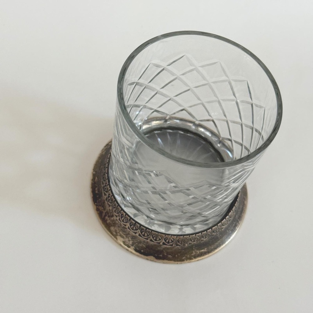 Vintage Cut Crystal Whiskey Glass Heavy Brass Base Diamond Lattice Tumbler - Picture 5 of 12